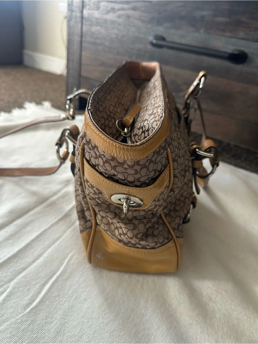 Coach Brown Signature Canvas Tote with Tan Leather Trim
